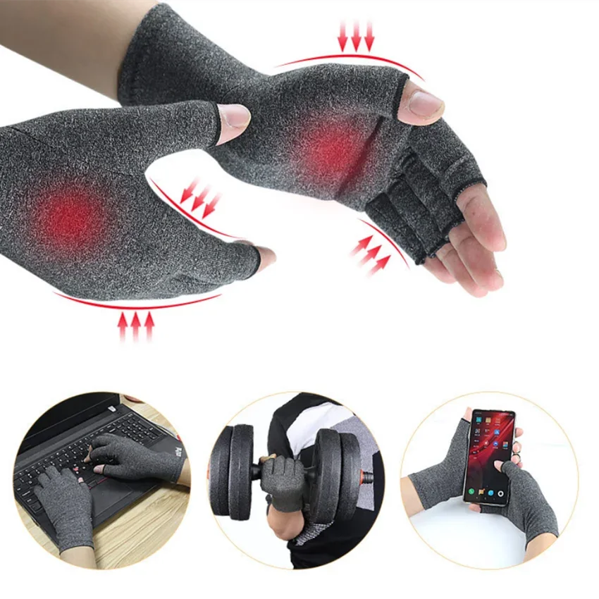 Guantes de compresión para artritis, manoplas de mano prémium para alivio del dolor articular, terapia Unisex, dedos abiertos, 1 par - imagen 4