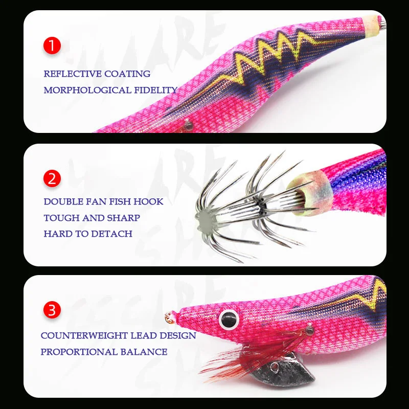 Señuelo de pesca de madera de primera calidad, anzuelo de calamar, 10 Uds., diseño realista de camarones y sepia, cebo duro para agua salada y dulce - imagen 5