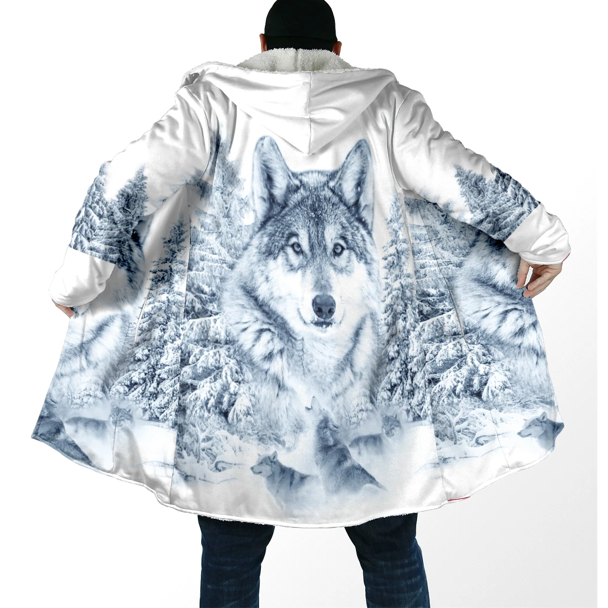 2025 capa de moda de invierno para hombre, capa con capucha de lana gruesa con estampado de animales de lobo nativo en 3D, capa cálida informal Unisex BB106 - imagen 2