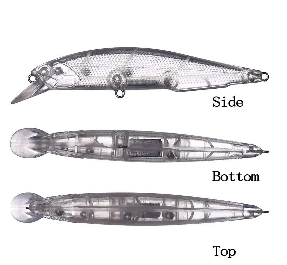 Un señuelo de pesca con una vista lateral y una vista inferior