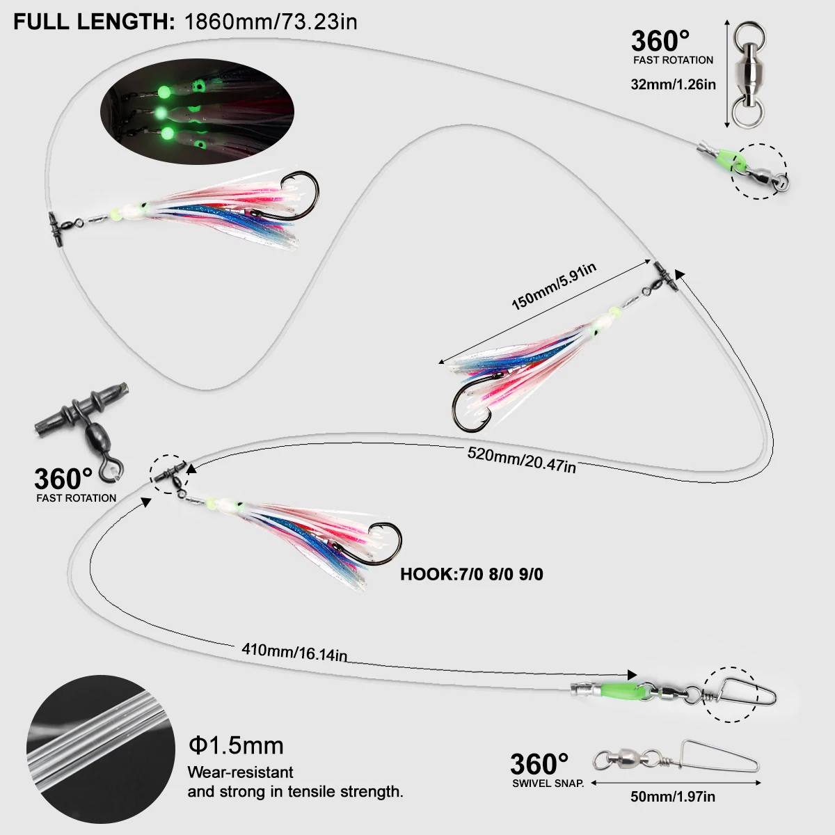 ZYZ-anzuelos de cuerda de pesca en el mar, cebo falso de pulpo luminoso con círculo negro, para agua salada, 7/0 #8/0 #9/0 # - imagen 2