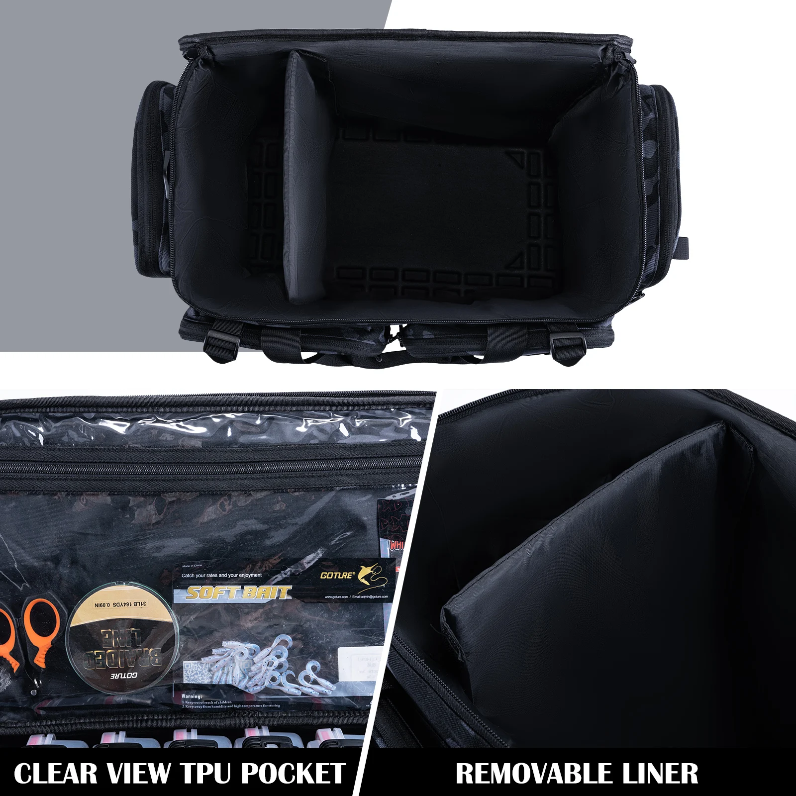 Goture-Bolsa de almacenamiento de equipo de señuelo impermeable, bolsas de aparejos de pesca, fondo de EVA de gran capacidad de 65L, bolsa de tela Oxford 600D multifuncional - imagen 3