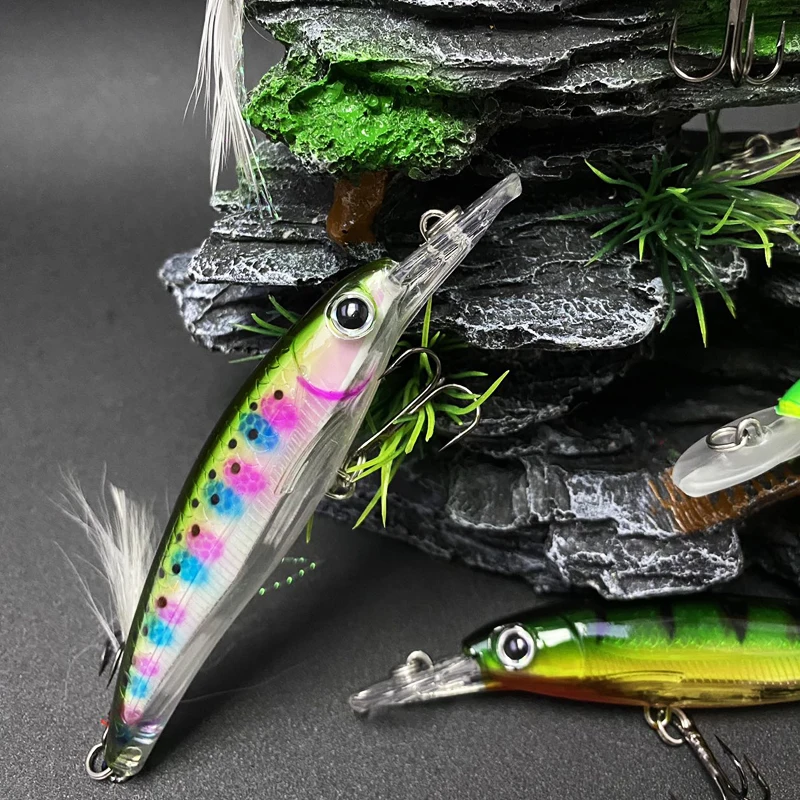 Señuelo de Pesca de pececillo flotante biónico, 95mm, 14g, Wobblers artificiales, cebo duro, Pesca con anzuelo triple de plumas, equipo de Swimbait - imagen 5