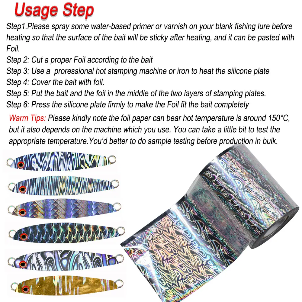 ICERIO lámina holográfica de estampado en caliente para señuelo de pesca, papel de película de impresión de transferencia de calor de piel para señuelos de plantilla, cuchara, 8cm x 120m por rollo - imagen 5