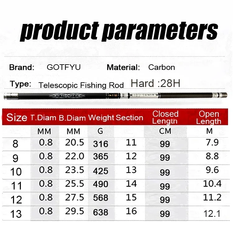 Caña de pescar de mano de fibra de carbono dura, súper ligera, larga, 8M/9M/10M/11M/12M/13M, caña de pescar telescópica de alta calidad - imagen 3