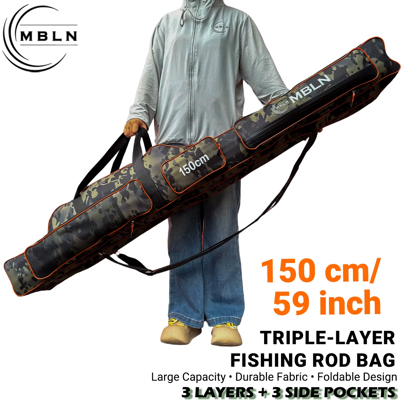 Bolsa para caña de pescar de 3 capas, verde moteado, vista frontal