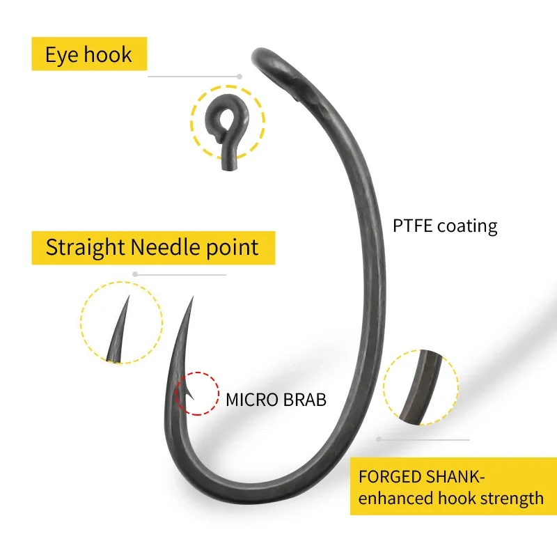 10 Uds. Gancho de punta de pico de vástago largo curvado para pesca de carpa, revestimiento de PTFE de acero rico en carbono con Micro púas, aparejos de pesca súper deslizantes - imagen 3