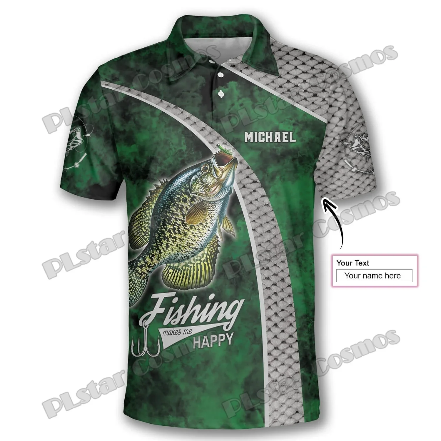 PLstar Cosmos Fishing Me hace feliz patrón de peces de lubina 3D completamente impreso Polos de hombre moda pantalón corto Casual camisa de manga PLP18 - imagen 3