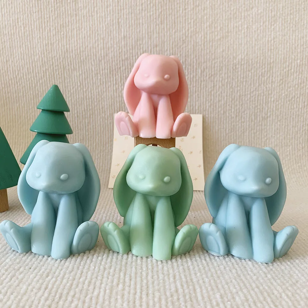 Molde de silicona de conejo de orejas largas 3D, conejo sentado hecho a mano, vela perfumada de conejito 3D, molde para manualidades de resina de jabón, regalo de Pascua