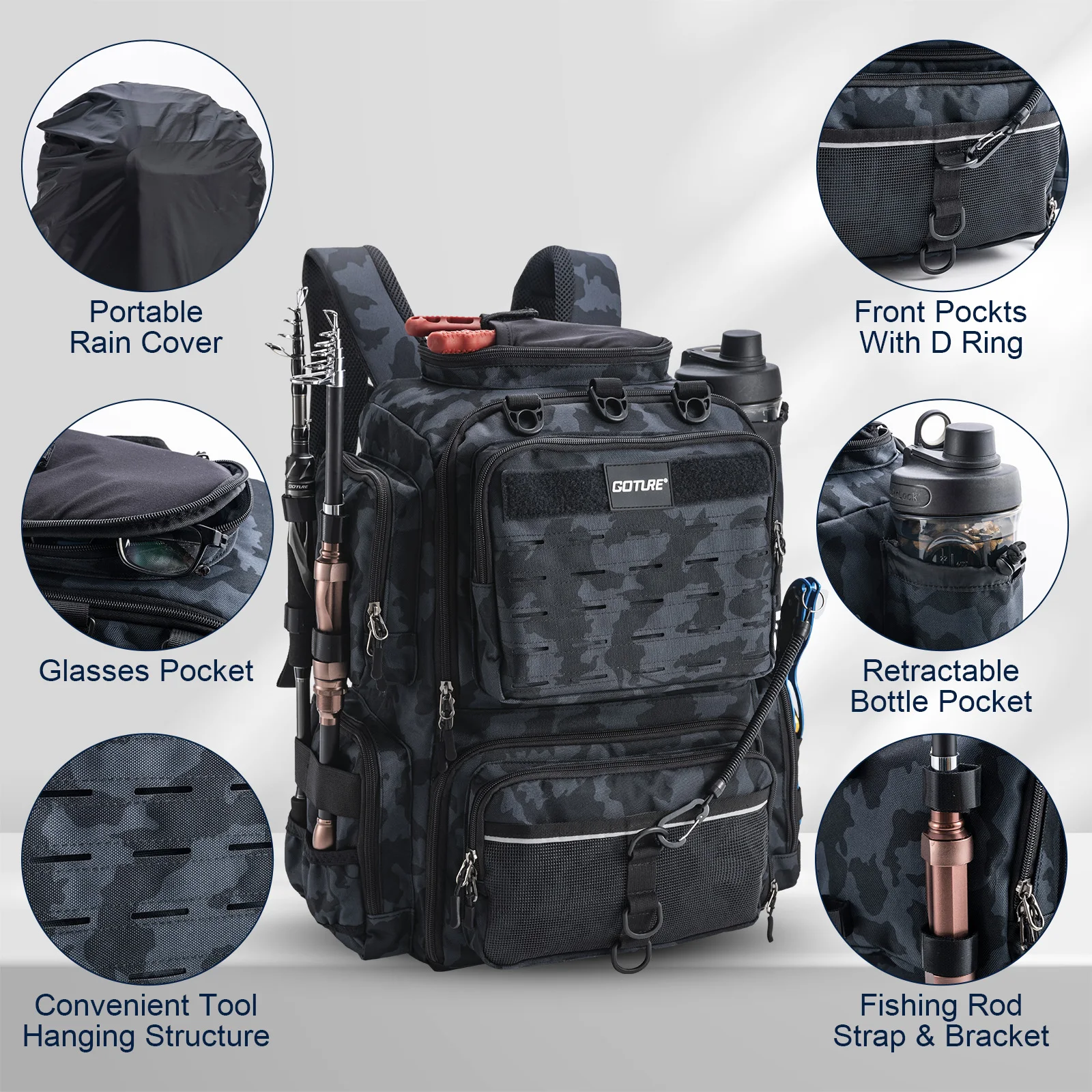 Mochila táctica Goture para pesca con soporte para cañas - imagen 3