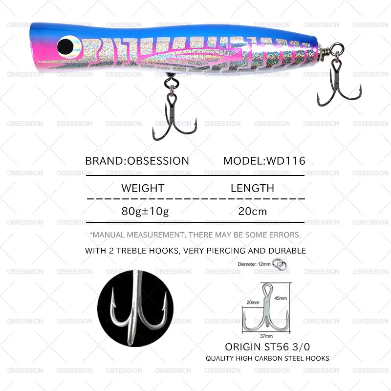OBSESSION WD116 80g 20cm superficie Topwater Popping GT cebo de pesca Popper de madera señuelos de curricán barco de agua salada pesca atún señuelo - imagen 3