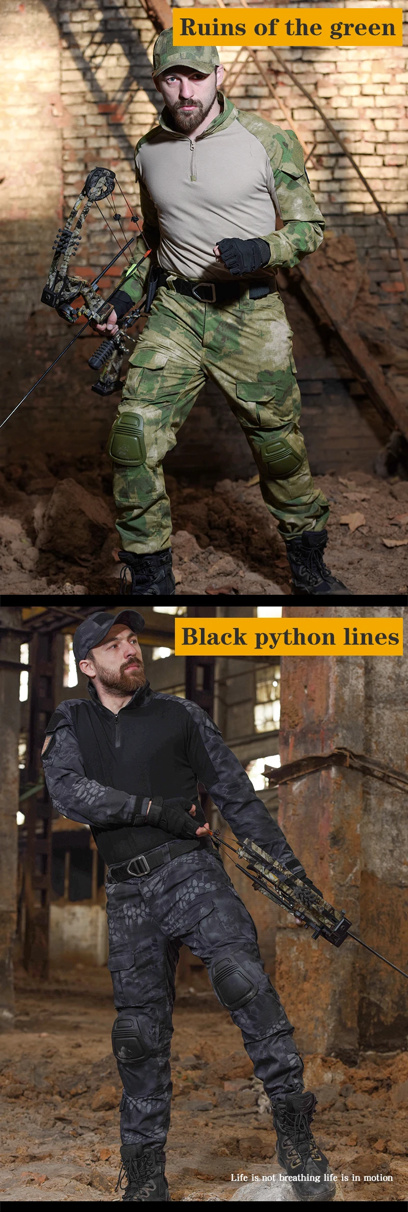 Dos estilos diferentes de ropa y equipo de camuflaje. En la parte superior, hay una persona que lleva un patrón de camuflaje que se asemeja a las ruinas del estilo verde, que es un tipo de camuflaje diseñado para mezclarse con ambientes naturales.