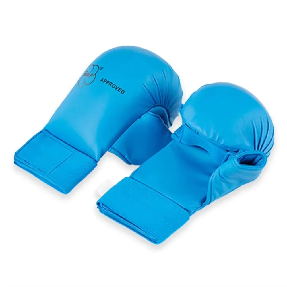 Guantes de Karate de medio dedo, entrenamiento práctico, protección del pulgar, guantes de boxeo de cuero PU, protector de mano de Karate rojo y azul, artes marciales