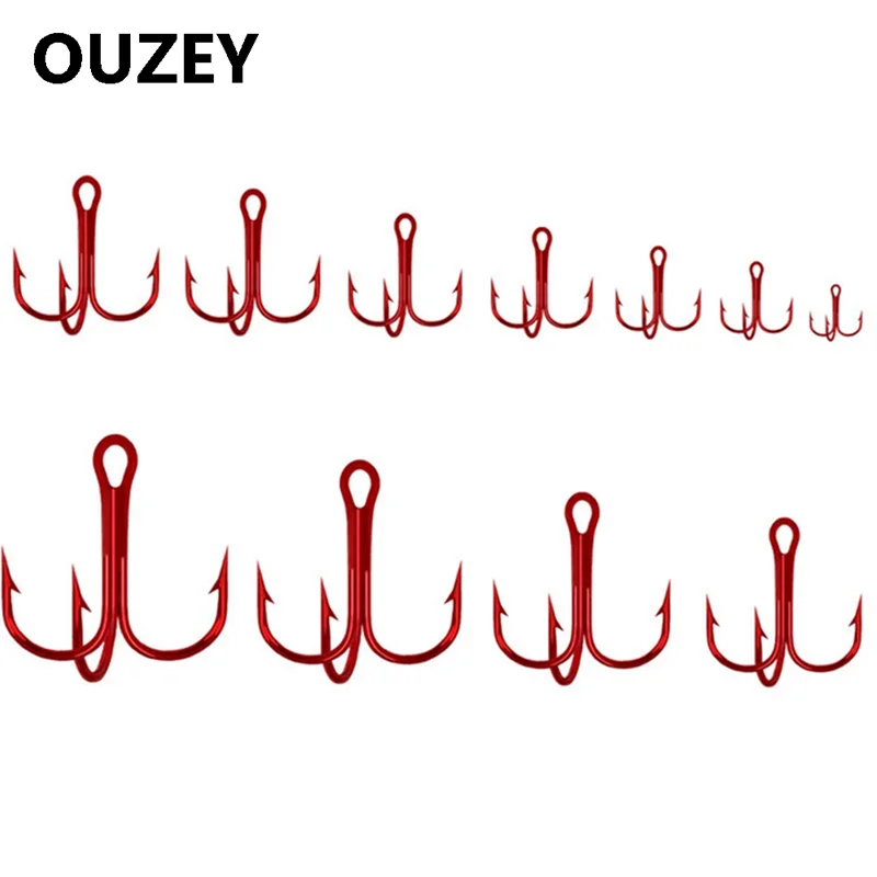 50 anzuelos de pesca 1 # -12 #   Anzuelos triples de acero con alto contenido de carbono para aparejos de pesca extraíbles FISHHOOK con púas rojas - imagen 5