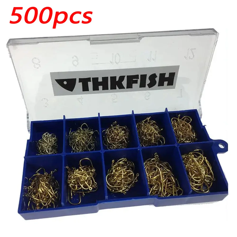 THKFISH Kit de anzuelos de pesca de 500 piezas # 3- # 12 anzuelos circulares de púas de acero al carbono de agua dulce, anzuelo de pesca de carpa negro, dorado y plateado - imagen 5