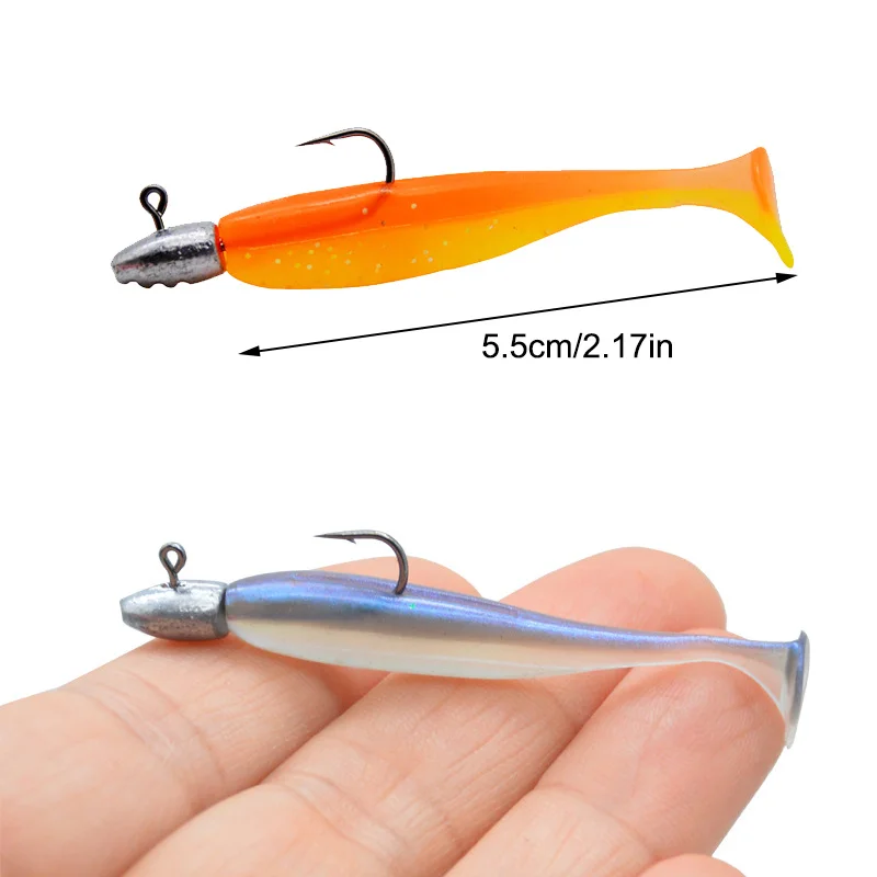 Ackibbik 16 unids/caja Swimbait de cola de paleta suave con gancho de cabeza de plantilla 5,5 cm señuelo de gusano de silicona cola en T señuelo suave Swimbaits de agua salada - imagen 3