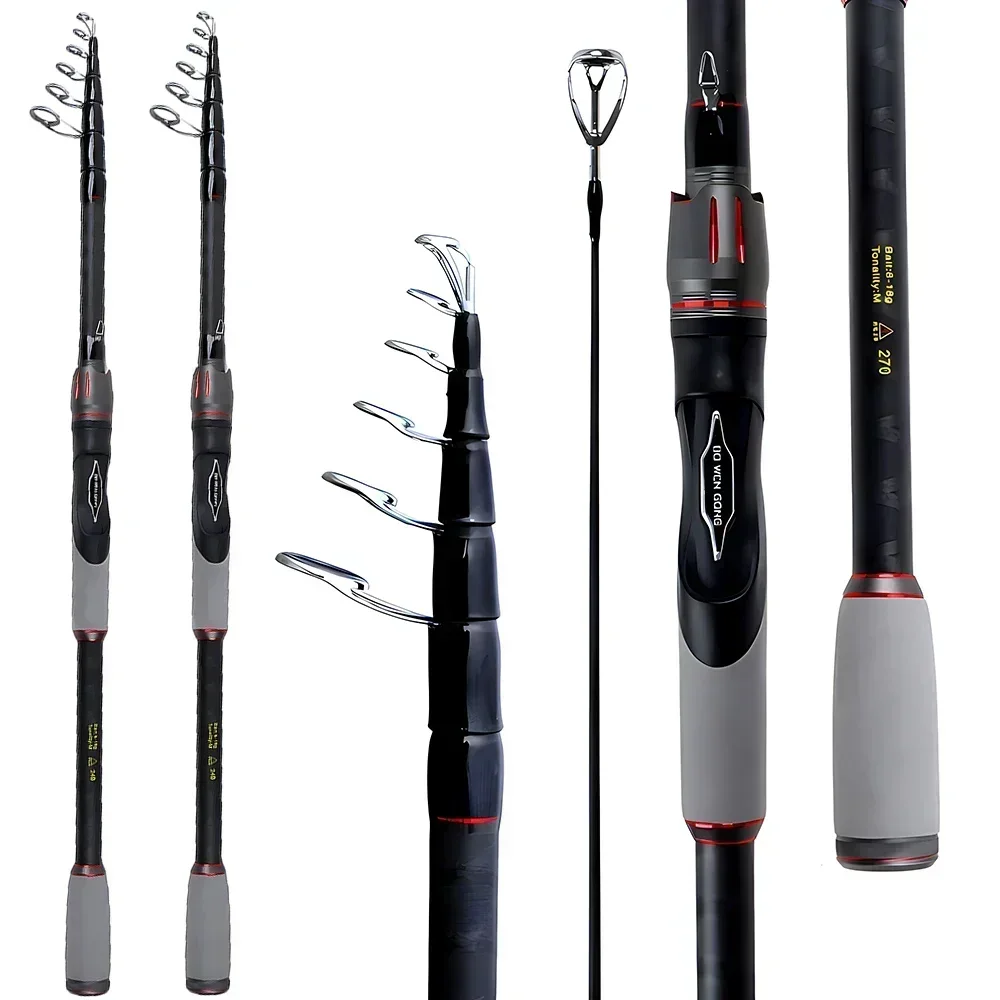 Caña de pescar giratoria telescópica ultraligera, 6-7 secciones M, caña de señuelo de carbono de acción rápida con punta sólida, peso de cebo de 8-18g - imagen 3