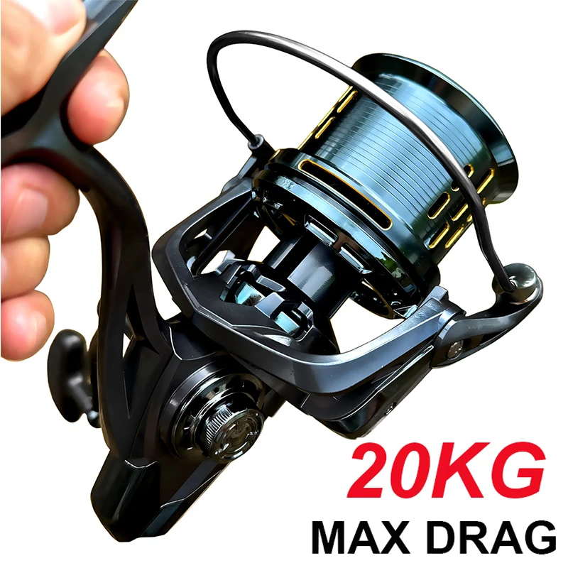 Carrete de pesca giratorio grande, relación de engranaje de alta velocidad 4,8:1, resistencia máxima, marco de Metal duradero de 20KG para pesca en agua dulce/salada