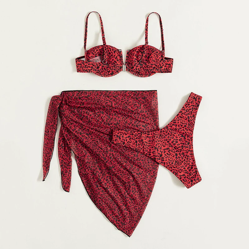 Bikini de alambre de acero en forma de V con Flores rotas para mujer, conjunto de tres piezas, trajes de baño con falda de playa de malla, trajes de baño Sexy de 3 piezas - imagen 5