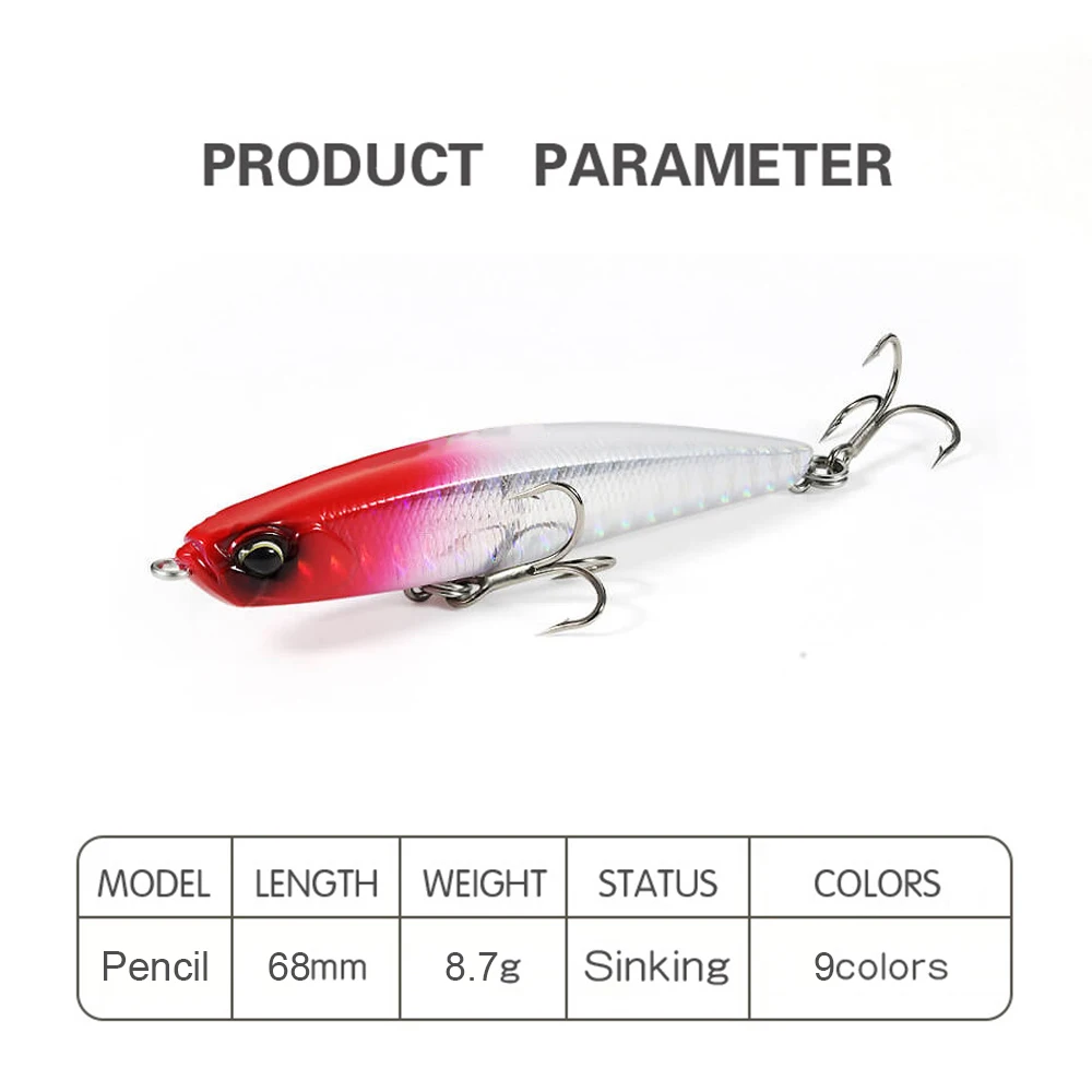 Señuelo de pesca de 6,8 cm y 8,7g, cebo de lápiz Wobbler de tiro largo, hundimiento lento, Jerkbait, Swimbait, cebo duro Artificial para trucha y lubina - imagen 3