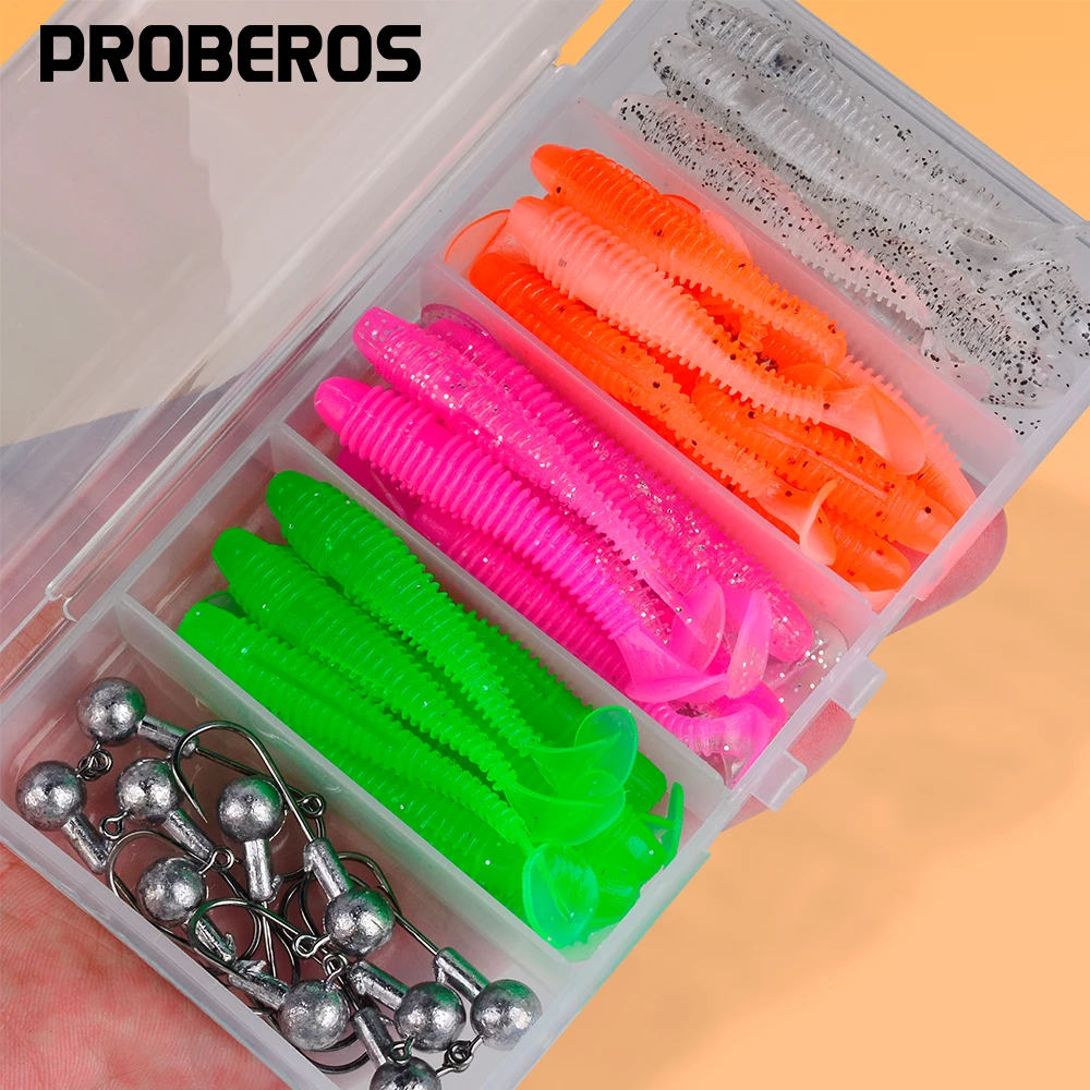 Proberos 50 unids/caja Kit de Señuelos de Pesca blandos juego de señuelos de silicona cebo Artificial gusano con manivela Jig Head gancho aparejos de pesca - imagen 3