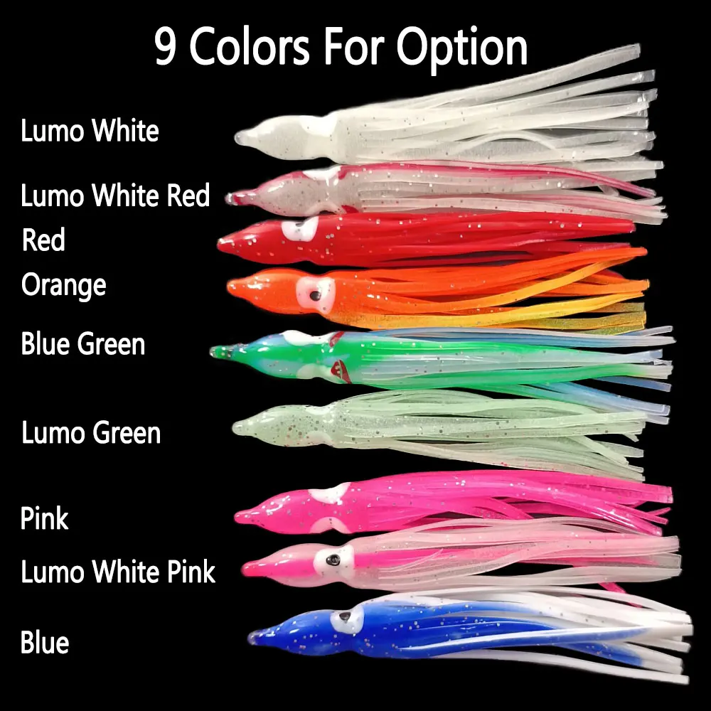 Bimoo-faldas de calamar suaves para pesca en agua salada, 2 bolsas = 10 piezas, 9cm, naranja, rojo, azul, luminoso en la oscuridad, plástico, pulpo, señuelos - imagen 5