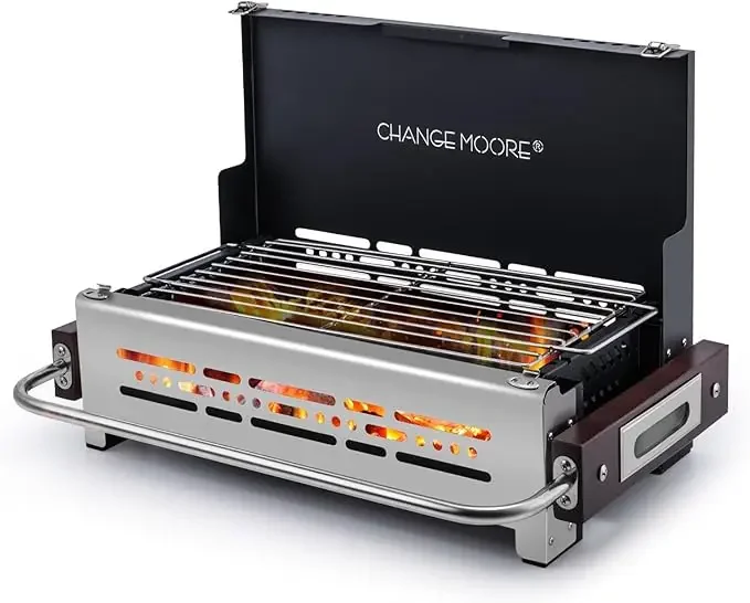 CHANGEMOORE Estufa para acampar al aire libre Parrilla de barbacoa de acero inoxidable 304 portátil con asas resistentes al calor Camping Jardín Picnic al aire libre