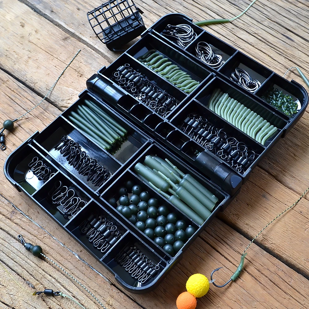 Accesorios de aparejos de pesca de carpa, Kit todo en uno, ganchos giratorios y broches de goma, mangas antienredos, cuentas de parada de gancho de pescado - imagen 2