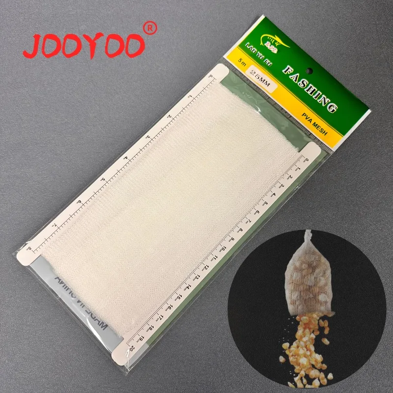 Bolsa soluble en agua de encaje PVA, 25mm x 5cm, ojos densos, solución instantánea, grupo de pesca de carpa, cebo, jaula, accesorios de aparejos de pesca, 1 ud.
