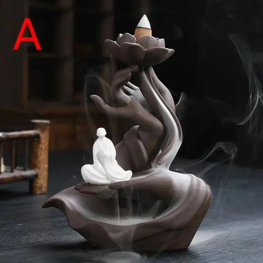 Quemador de incienso Mano de Buda con Guanyin y loto, arena púrpura