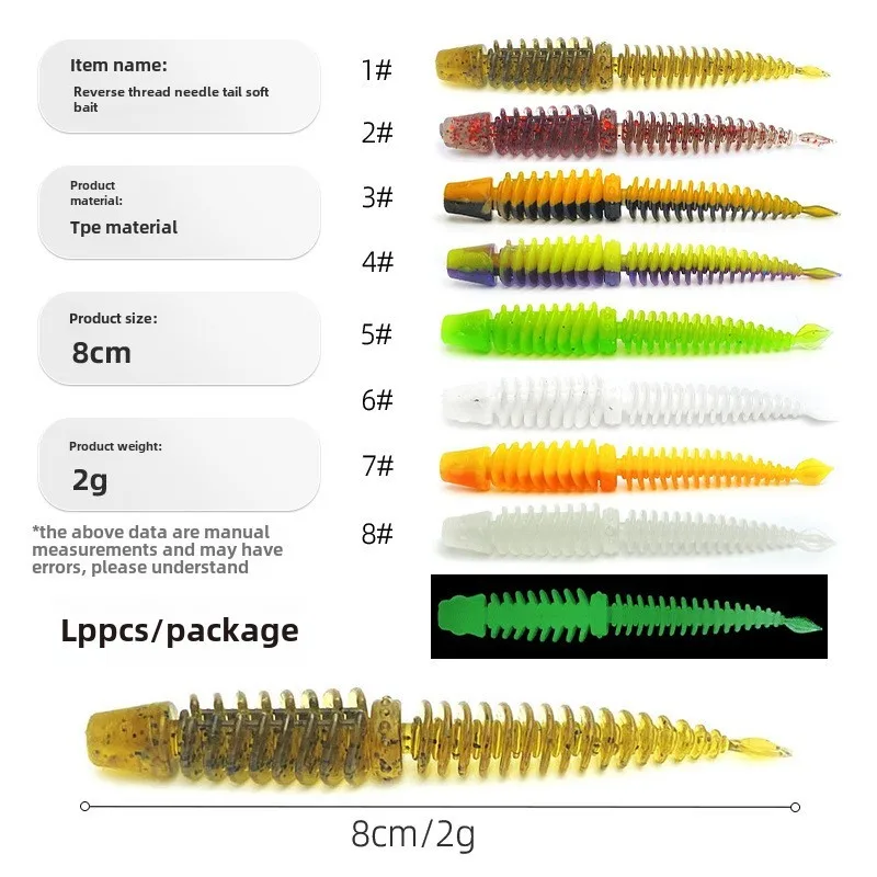 Señuelo de pesca de plástico suave, cebo de gusano realista de 8cm/2g, cola de aguja en espiral, olor a aceite de camarón para lubina, Snakeh ead Pike, 10 Uds. - imagen 3