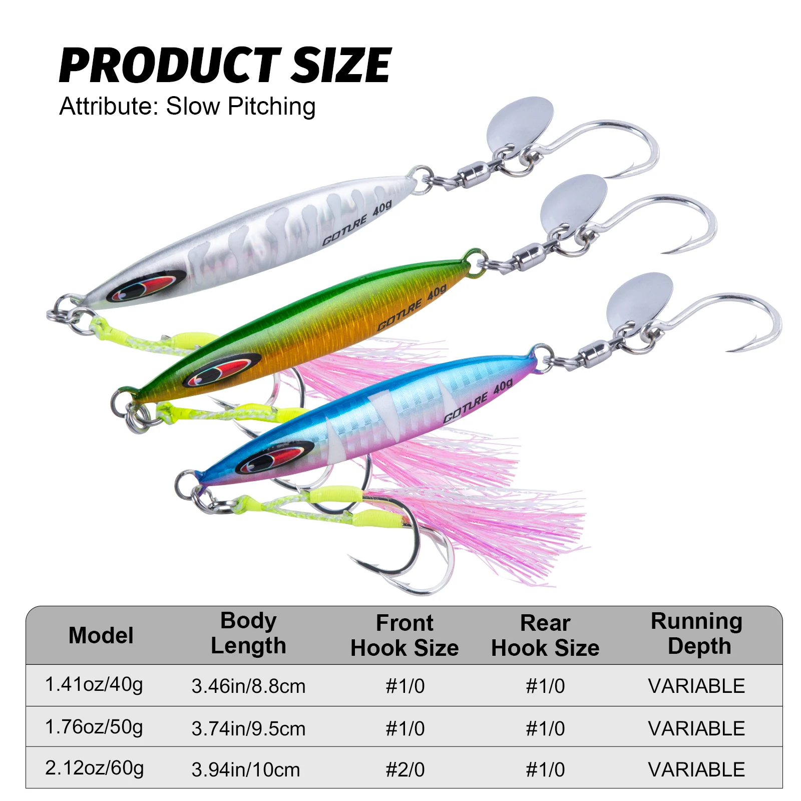 Señuelo de plantilla de Metal Goture, 3 uds., 40g, 50g, 60g, diseño luminoso, hoja giratoria, anzuelo afilado, señuelo de lubina, cebo Artificial, cebo giratorio - imagen 2