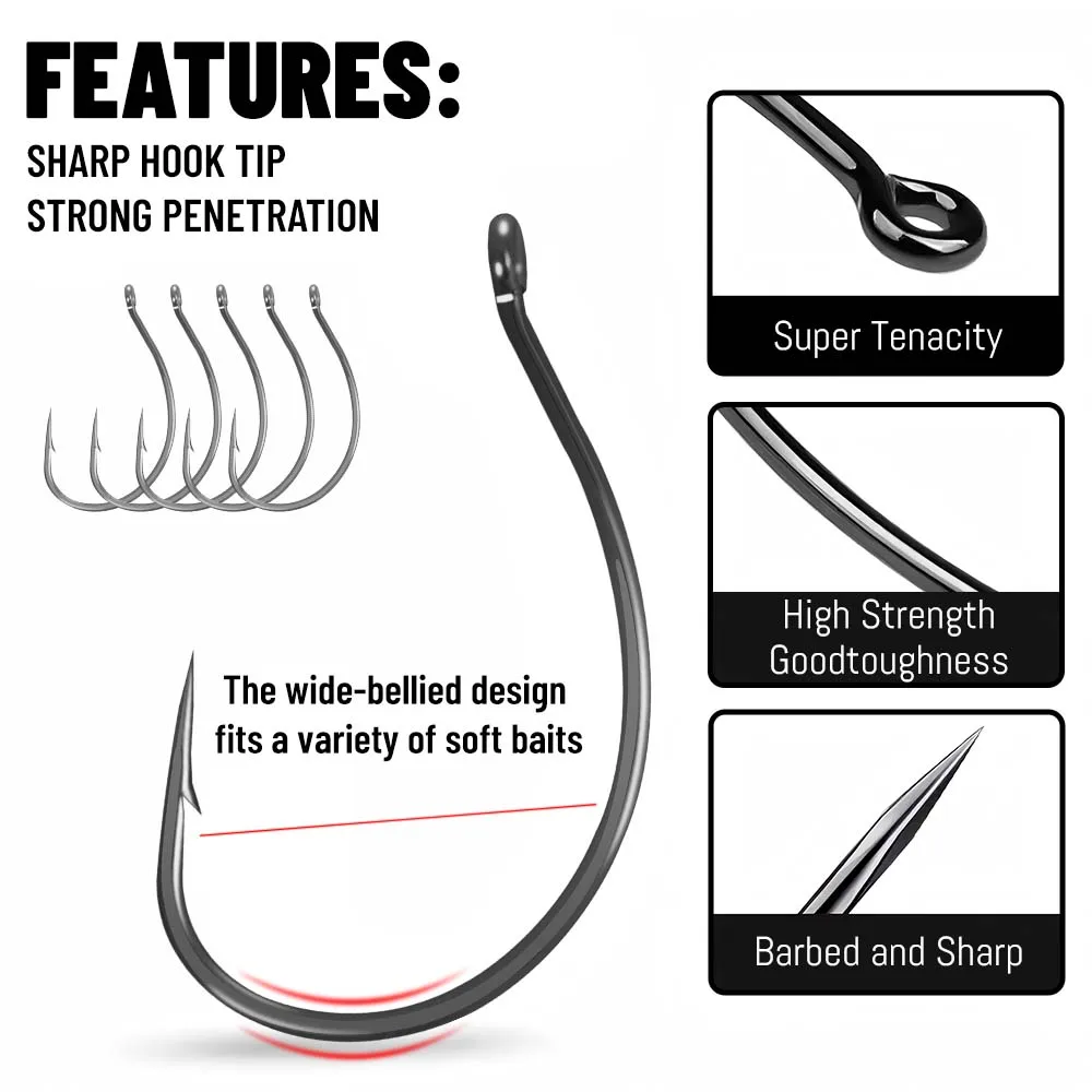 ZUKIBO Texas Rig Jig-anzuelos de gusano, anzuelo de púas compensado para señuelo de pesca suave, anzuelo con boca ancha y mango corto, herramienta de pesca gancho afilado perforado fuerte resistencia a la corrosión - imagen 2