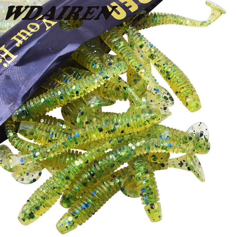 50 Uds gusanos señuelo de pesca cola en T cebos blandos 50mm 0,8g plantilla de pesca Wobbler cebo de lubina pesca Artificial señuelo suave tacke