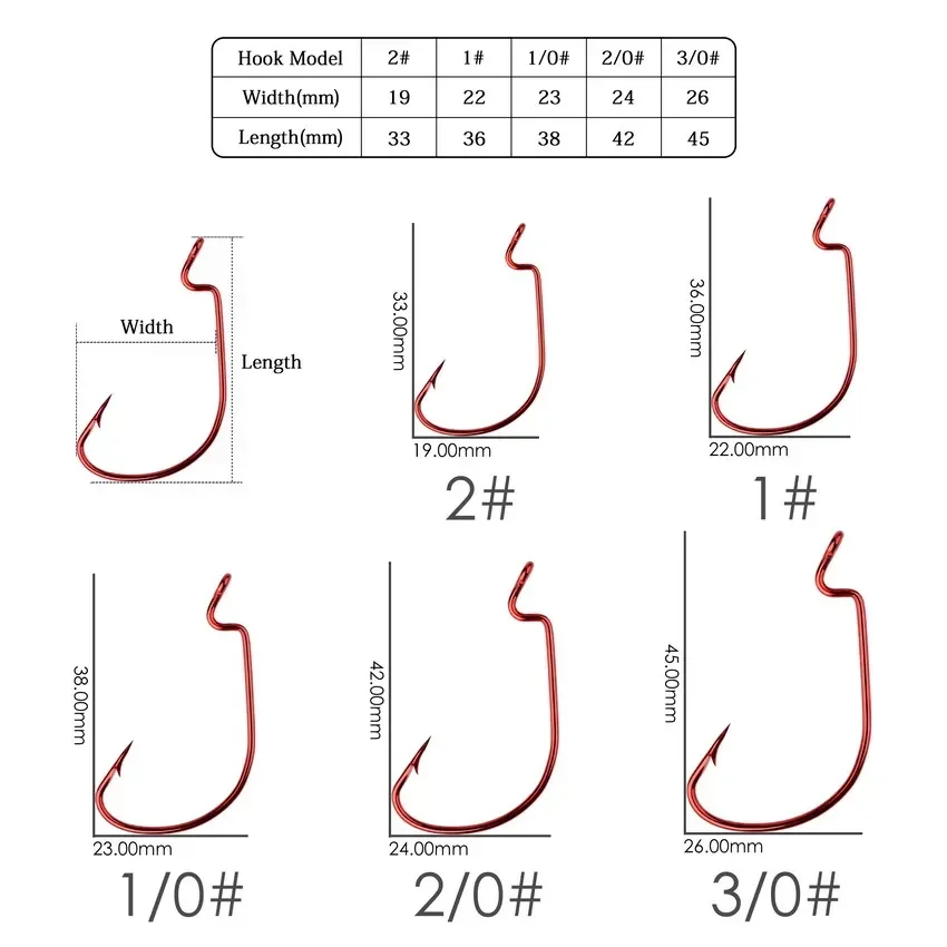 50-100 unids/caja anzuelos de pesca de manivela ancha anzuelo compensado de acero al carbono 3/0 # -2 #   Anzuelo de pesca de carpa con púas para lubina, señuelo de gusano suave - imagen 2