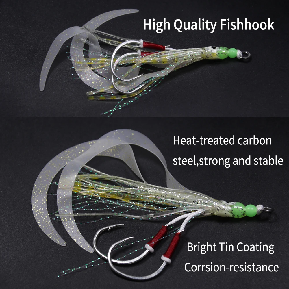 Elllv-señuelo de faldas de calamar suave, anzuelo de asistencia de Jigging lento, cebo de plantilla de curricán luminoso para pesca en agua salada, pesca en aguas profundas, 2 unids/lote por bolsa - imagen 5