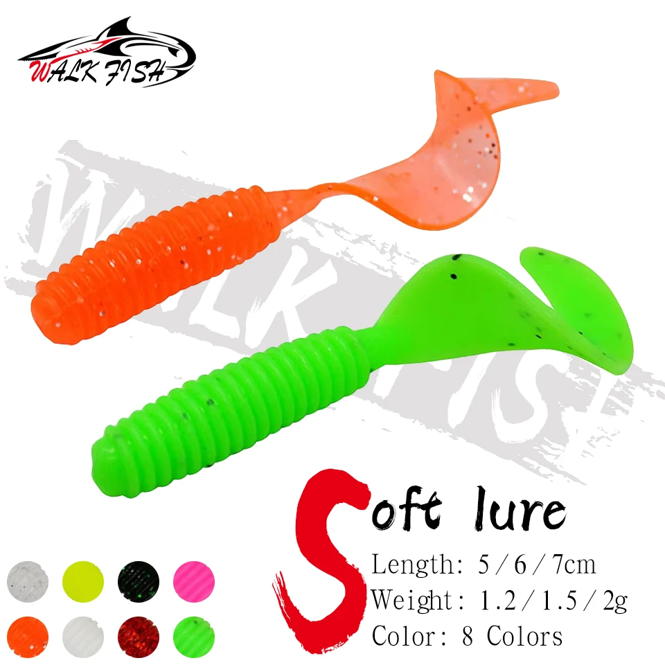 WALK FISH-señuelo de Pesca de cola larga, 5-7cm, 1,2-2g, cebo suave, gusano de cola enrollable, hoz, olor a sal, carpa, lubina, Pesca, gusano Takcle