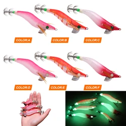 10 Uds. De cebo falso de pesca en mar de camarones de madera de 5cm-13cm, cebo de pesca, cebo de calamar, anzuelo de simulación de pesca en el mar con luz nocturna