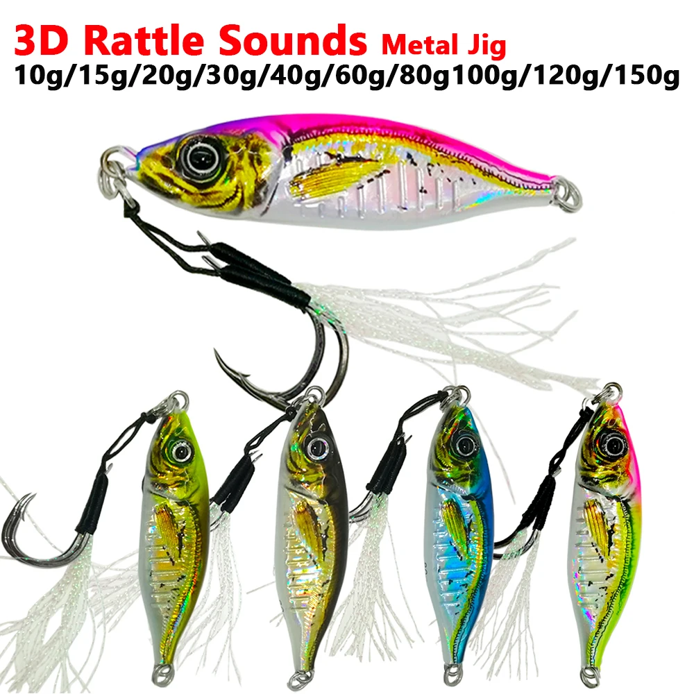 Señuelo de Metal con sonidos de sonajero, plantilla con estampado 3D de agua salada, lubina, Jigging, hundimiento lento, atún fundido, pesca en mar en alta mar, 100g/120g/150g - imagen 3