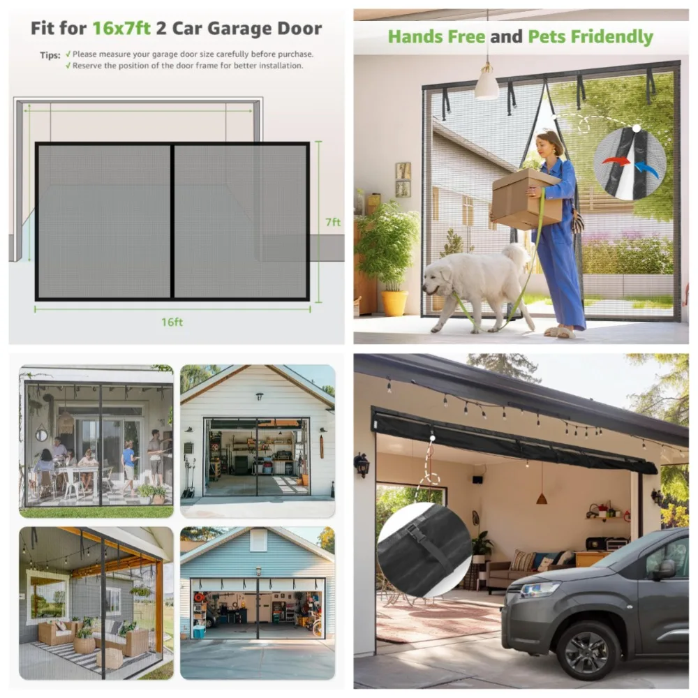 Puertas de pantalla de garaje de 16x7 pies para 2 puertas de garaje, pantalla de puerta de garaje magnética duradera y resistente, manos libres con 6 estrellas enrolladas - imagen 3