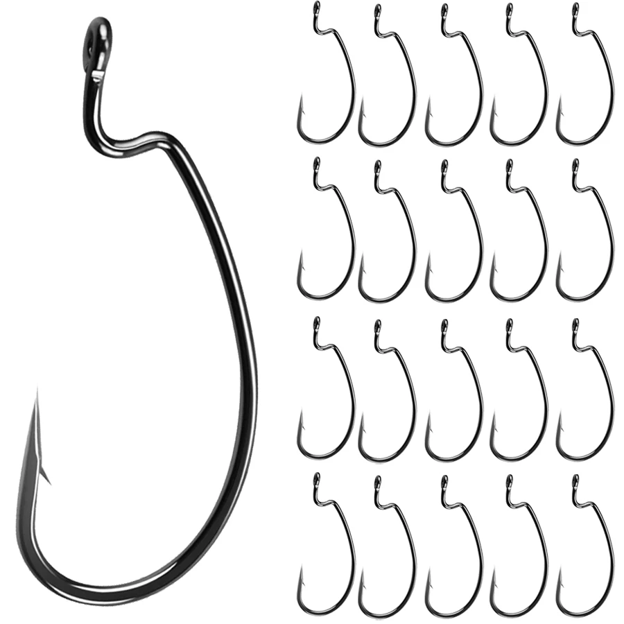 Anzuelos de pesca de gusano, 20 piezas, anzuelo de púas con manivela, anzuelo de acero rico en carbono, anzuelo compensado de espacio amplio, aparejos de anzuelo de mar de gusano suave