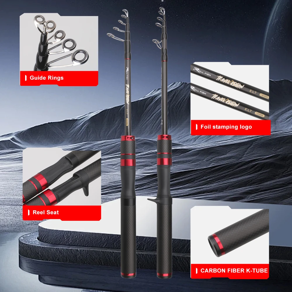 ROLLFISH-caña de pescar telescópica de fibra de carbono, asiento de carrete con sonido, ultraportátil para viajes/bajo/pesca de trucha + línea de PE de 100M gratis - imagen 2