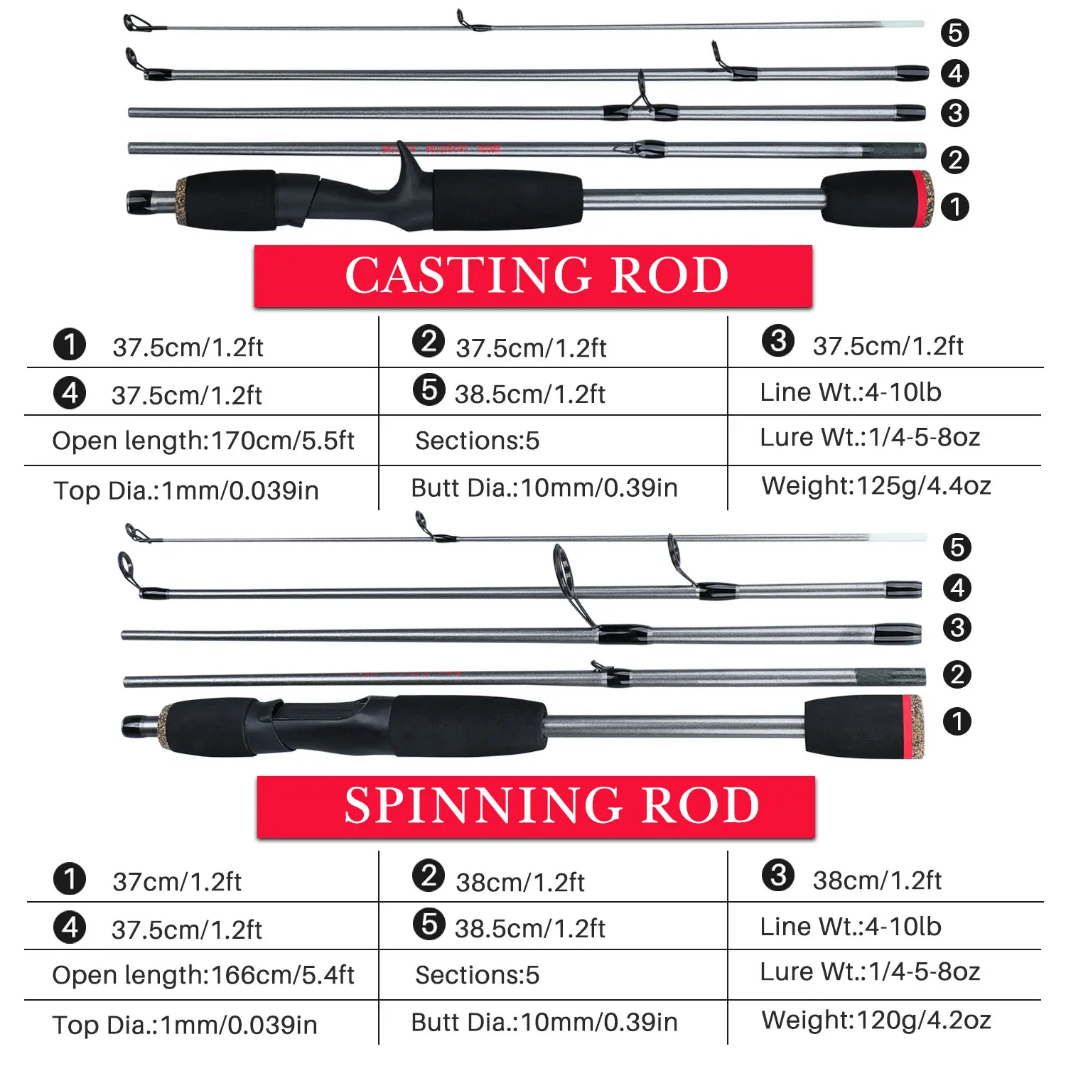 Sougayilang, cañas de pescar con señuelo giratorio de 5 secciones, peso ultraligero de fibra de carbono para viajes, Pesca de carpa de agua dulce - imagen 5