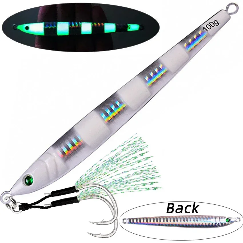 Señuelo de pesca con plantilla de Metal fundido, 5 unidades, 60-100g, cebo biónico Artificial duro para atún, lubina, agua salada, aparejos de pesca de Jigging lento - imagen 4