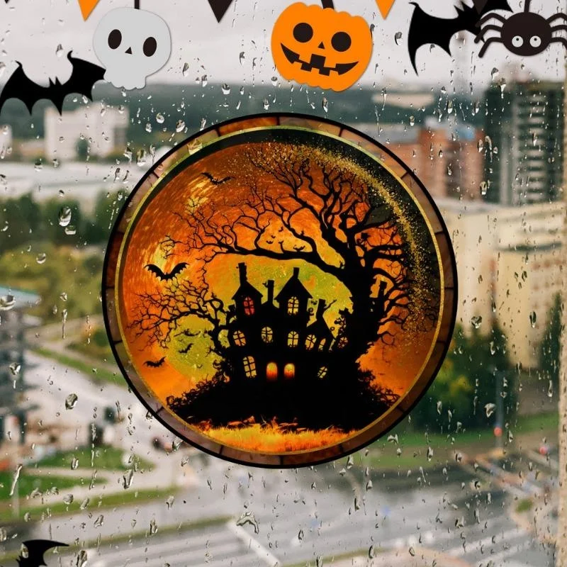 Nueva decoración de fiesta en casa de Halloween, castillo de terror teñido, gato, pegatinas estáticas de PVC para ventana de vidrio, pegamento decorativo sin pegamento - imagen 3