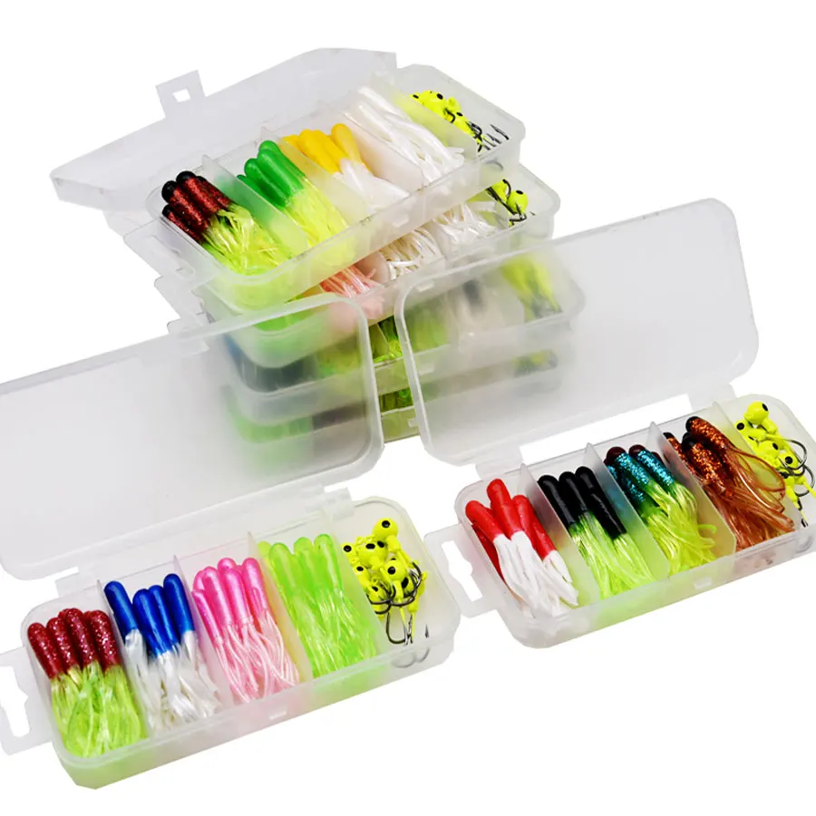 JYJ-Juego de Señuelos de Pesca de sílice, 50 piezas, 5cm, gusano de tubo suave con anzuelo de cabeza de plantilla de 3,5g, cebo de falda para lubina y perca - imagen 3