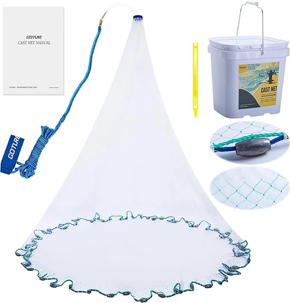 Red de pesca Goture, red de fundición de agua salada, malla 3/8 con pesas negras resistentes, redes de lanzamiento de monofilamento para cebo de pesca