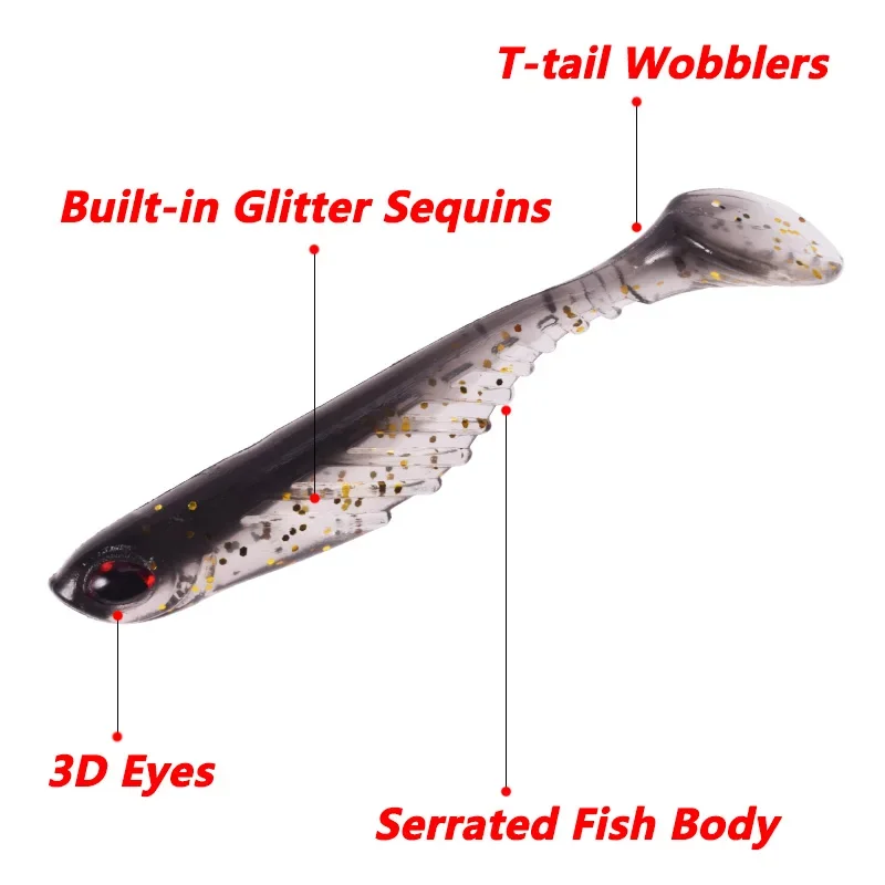 Señuelo de pesca de silicona blanda con ojos 3D, cebos artificiales de goma, gusanos de cola en T, jig wobblers, sábalos y lubinas, 7 cm, 2,8 g, 5 unidades por paquete. - imagen 4