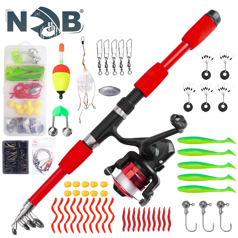 Juego de cañas de pescar NGB, kits completos de 1,8 m con caña de pescar telescópica y carrete giratorio, cebos, anzuelos, juego de postes de viaje