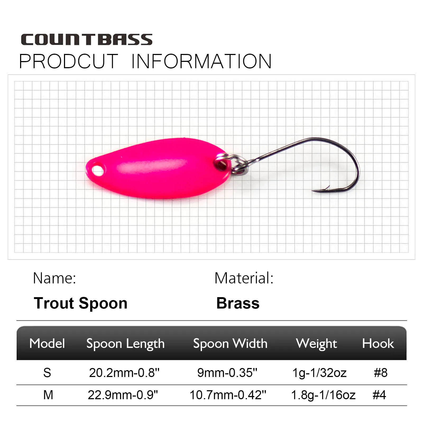 Countbass-cuchara para trucha con anzuelo individual coreano, tamaño 1/32oz 1/16oz, Señuelos de pesca de lubina y salmón, cebo de Metal para lago, 8 Uds. - imagen 2